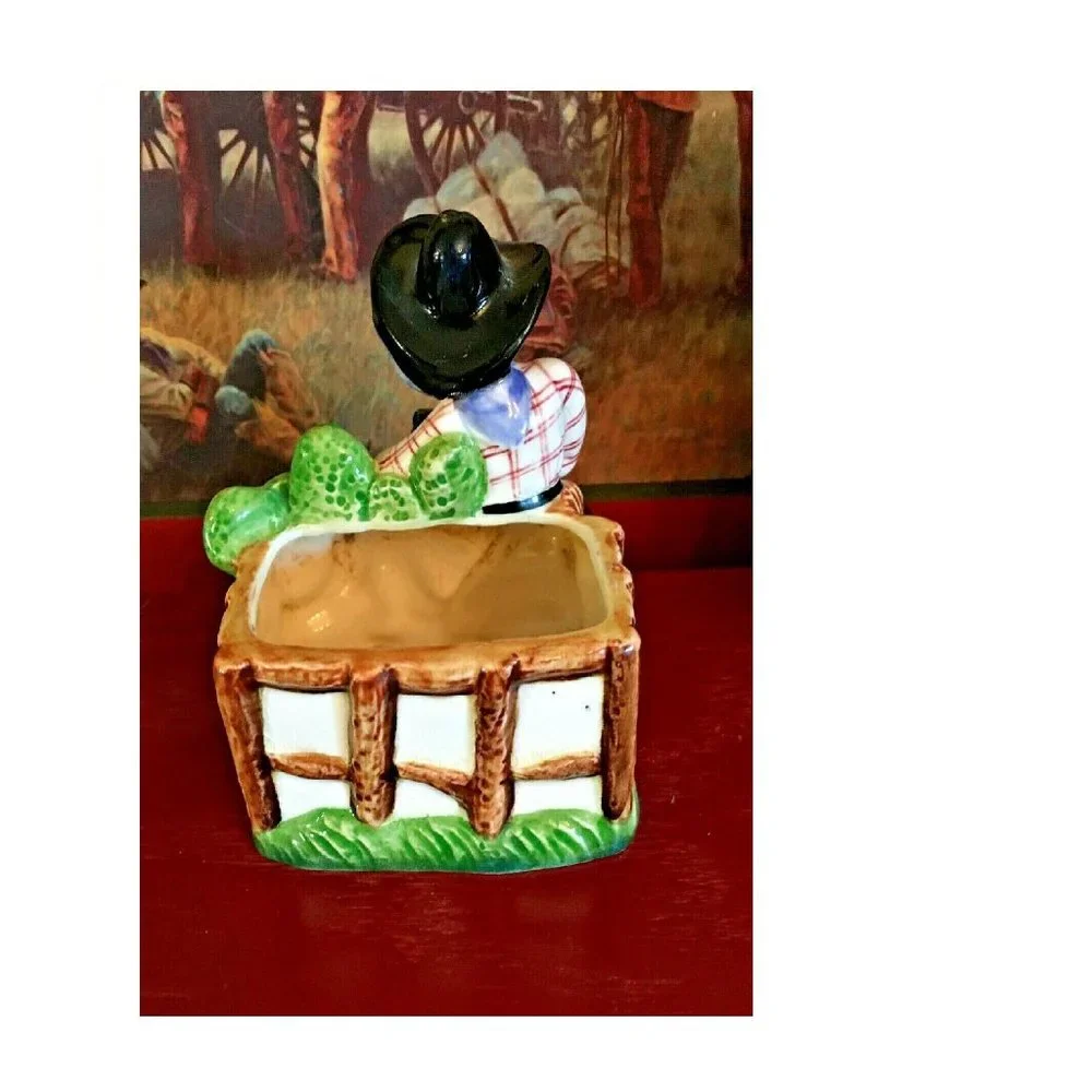 Vintage Western Cowboy Gunslinger Cactus Dog Planter Hand Painted Japan